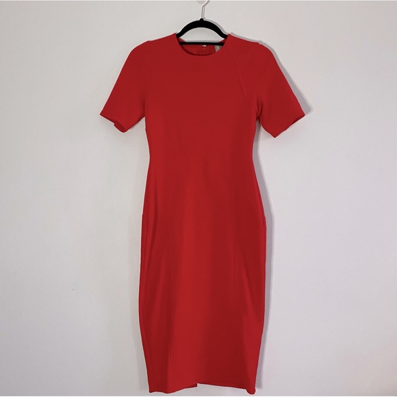 ASOS Red Seamed Structure Rib Bodycon Dress 6 - Picture 2 of 11